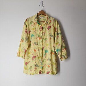 Fresh Produce Yellow whimsical Flamingo Button Up tunic Top Lightweight S relax